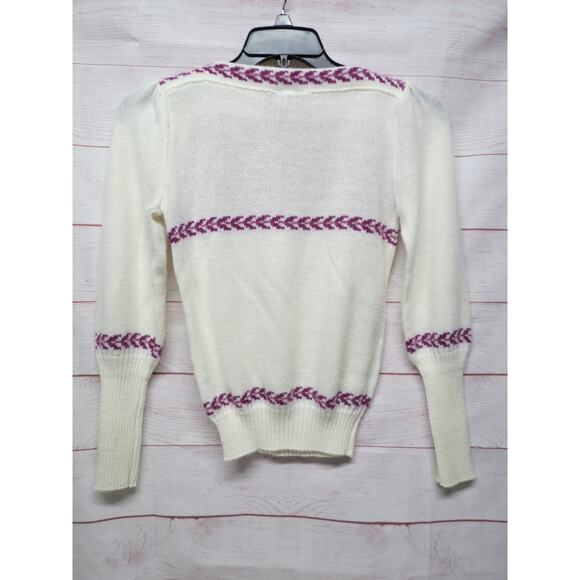 Vintage Mademoiselle Size Small (?) Cream Sweater w/ Purple Leaf Pattern - Picture 6 of 8